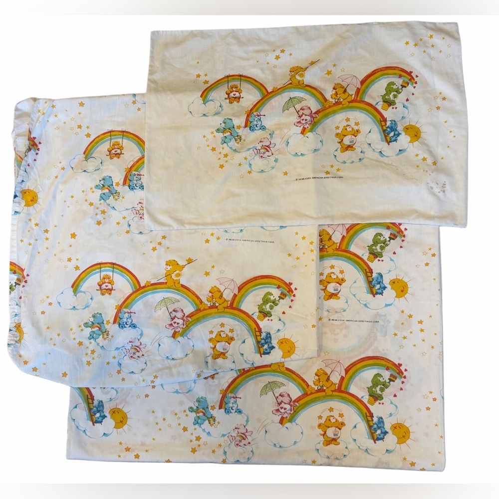 Vintage 1983 Care Bears Twin Sheet Set Rainbow Clouds